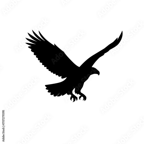 Black silhouette of eagle in flight with wings spread and talons extended. Powerful raptor illustration representing hunting, freedom, and strength in nature