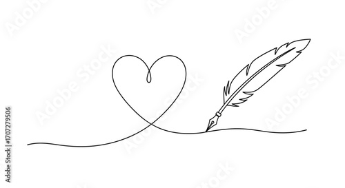 Minimalist line art illustration of a heart and feather quill pen on a wavy line, celebrating Random Acts of Poetry Day with simple, elegant design on a white background.