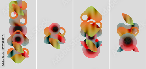 Abstract colorful shapes overlap, creating vibrant compositions. Four panels display similar designs, varying slightly in form, color.