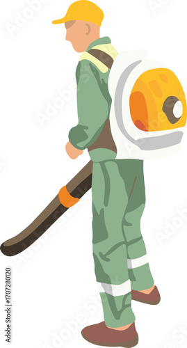 Vector isolated illustration of cleaning autumn leaves. A municipal service worker removes autumn leaves with a vacuum cleaner.