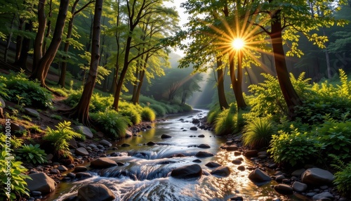 forest rivers managed to reduce erosion, sustainability maintained, pollution controlled, ensuring conservation of biodiversity, glowing sun filtering through dense tree canopies