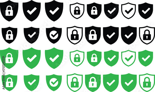 Set of security shield icons, security shields logotypes with check mark and padlock