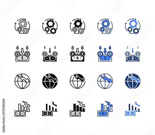 Processing, Global Crisis, Devaluation, Inflation, multiple style icon set.