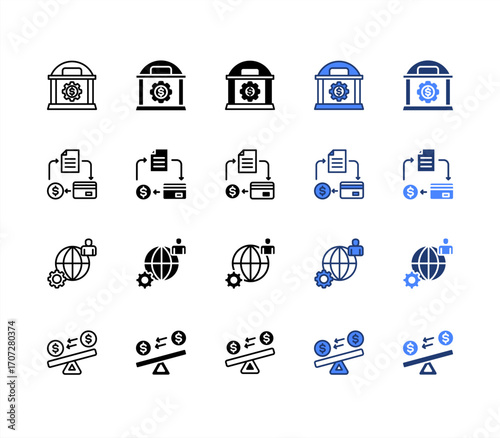 Monetary Policy, Globalization, Credit, Liquidity, multiple style icon set.