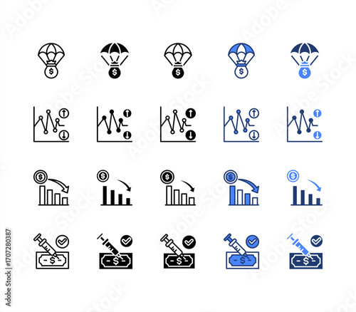 Fund, Recession, Volatility, Stimulus, multiple style icon set.