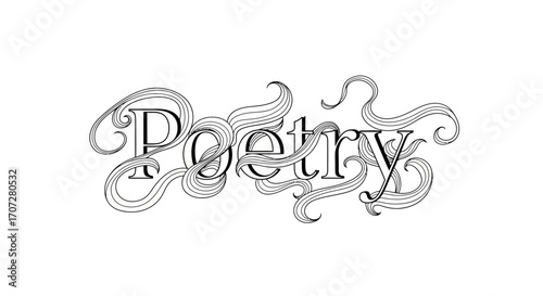 A stylized illustration of the word 'Poetry' in a decorative, swirling font on a plain white background, celebrating Random Acts of Poetry Day with a creative and artistic mood.
