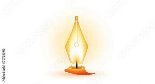 A glowing, yellow-orange quill pen with a warm, soft light on a white background, symbolizing creative writing on Random Acts of Poetry Day.