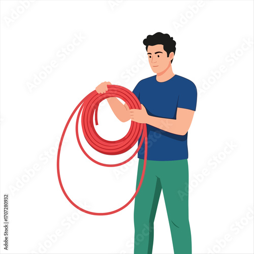 Diligent young man meticulously coiling a vibrant red flexible hose, demonstrating responsible tool management for gardening, home maintenance, or utility work, depicted in a clean flat illustration