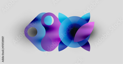 Abstract shapes overlap, creating vibrant purple, blue gradients. Soft shadows suggest depth, modern design aesthetic.