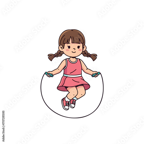 Cute cartoon girl with braided pigtails happily jumping rope.