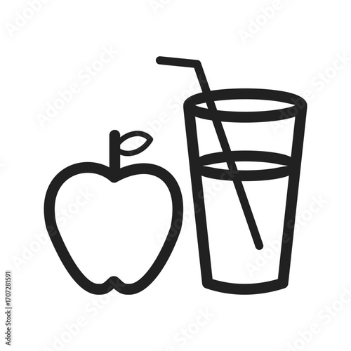 A fresh red apple next to a glass of apple juice with a straw representing healthy eating and refreshment