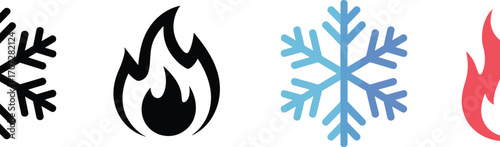 Fire and ice icons, flame symbol, snowflake graphic, temperature contrast, heat and cold, red flame, blue snowflake, stylized design, climate theme, elemental icons