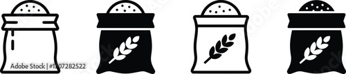 Grain sack icons, flour bag symbols, wheat packaging, agricultural product, food supply, black and white, outline and filled, farming design, harvest graphic, stylized icon