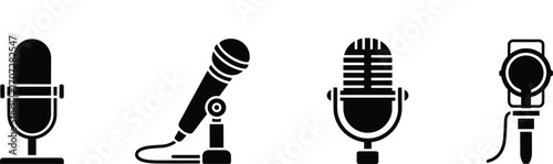 Microphone icons, audio recording, podcast symbol, broadcasting equipment, studio mic, vintage microphone, handheld mic, black silhouette, sound design, music gear, stylized graphic