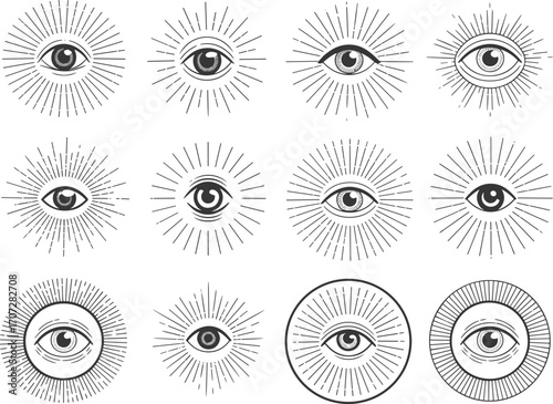 Mystical all-seeing eye symbols with radiant sun rays, spiritual and esoteric design elements for tattoo, logo,