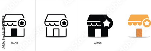 Storefront icons, shop graphics, retail symbol, featured store, star badge, awning design, black and orange, branding icon, small business, commercial UI, stylized shop