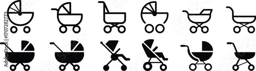 Baby stroller icons, pram graphics, parenting symbol, infant transport, black and white, outline and filled, childcare design, baby gear, family UI, stylized icon set
