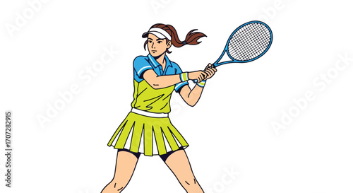 Dynamic illustration of a female tennis player ready to swing her racket.