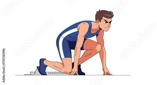 Determined male sprinter in starting blocks ready to race.