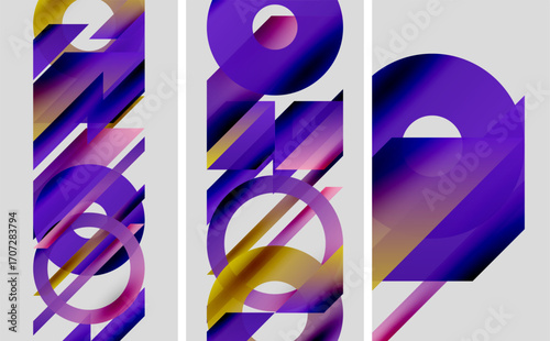 Abstract digital art featuring numbers, shapes, vibrant purple hues, gold accents. Modern design, clean lines, geometric patterns.