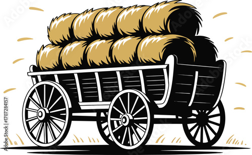 Hay Wagon Silhouette Vector Illustration Black Farm Agriculture Harvest Rural Design