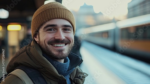 Happy man at train station
