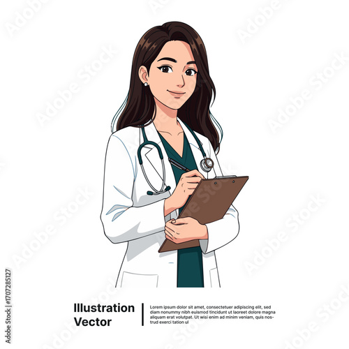 Smiling female physician with stethoscope and clipboard, dedicated to health and patient care services