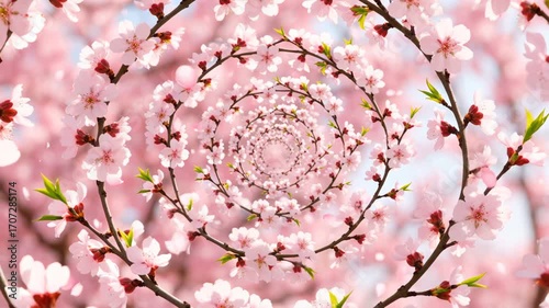 Dreamlike spiral of vibrant pink cherry blossoms with delicate petals falling, creating an ethereal tunnel of spring beauty and natural renewal.