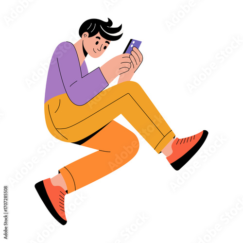 A flat style illustration showing a person using phone 
