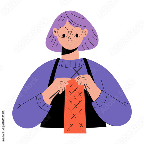 A flat style illustration showing a person knitting 

