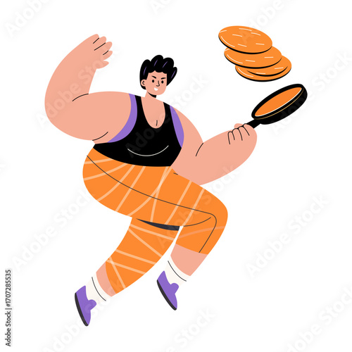 A flat style illustration showing a person making pancakes 
