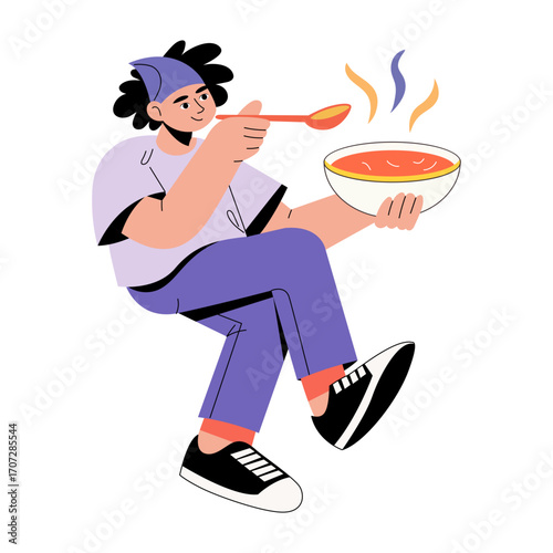 A flat style illustration showing a person holding soup bowl 