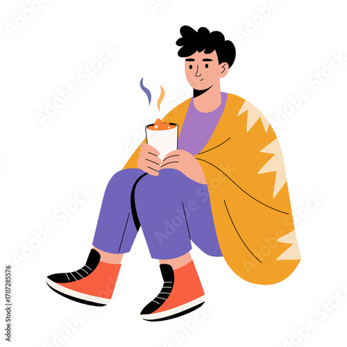 A flat style illustration showing a cozy blanket 
