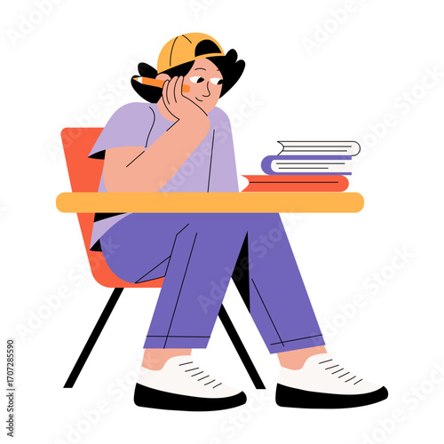 A flat style illustration showing a person studying 
