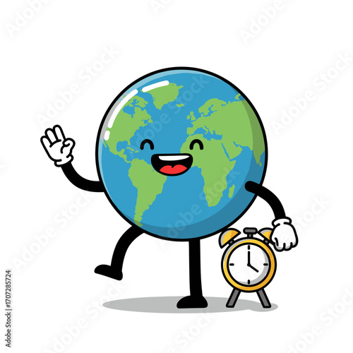 Cartoon Earth mascot with alarm clock