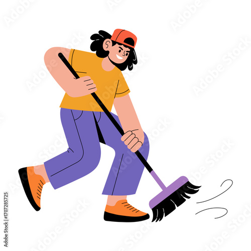 A flat style illustration showing a person doing floor sweeping 
