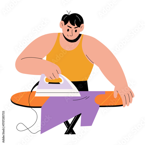 A flat style illustration showing a person ironing shirt 

