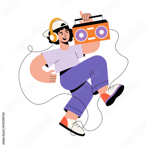 A flat style illustration showing a person listening music 
