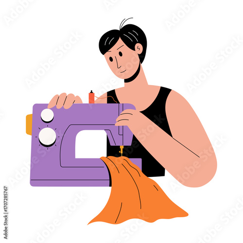 A flat style illustration showing a person stitching clothes 