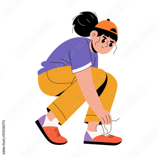 A flat style illustration showing a person tying shoes 