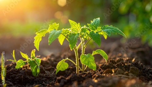 Wallpaper Mural Young tomato plants growing in rich soil, bathed in golden sunlight Torontodigital.ca