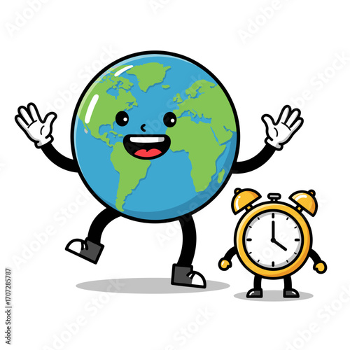 Cute Earth cartoon with alarm clock