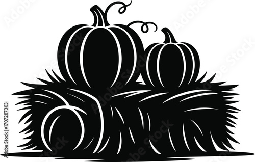 Hay Bale Pumpkins Silhouette Vector Illustration Black Design Element for Fall Decor