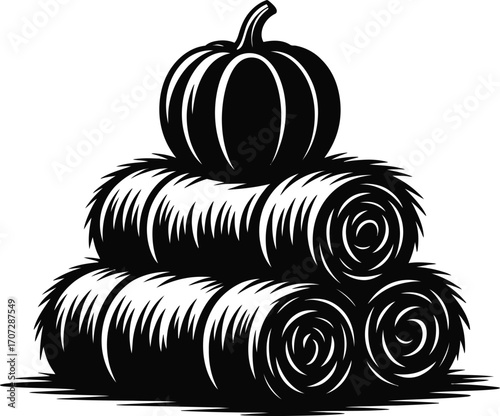 Hay Bale and Pumpkin Silhouette Vector Illustration on Transparent Background Design
