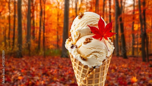 Delicious autumn ice cream cone with maple leaf garnish against a vibrant fall forest background