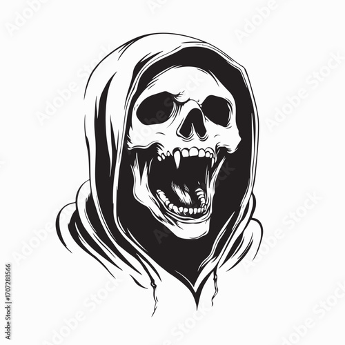 Spooky screaming skull in hooded cloak vector drawing on white background