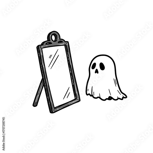 Cartoon ghost with a mirror in a spooky Halloween theme  