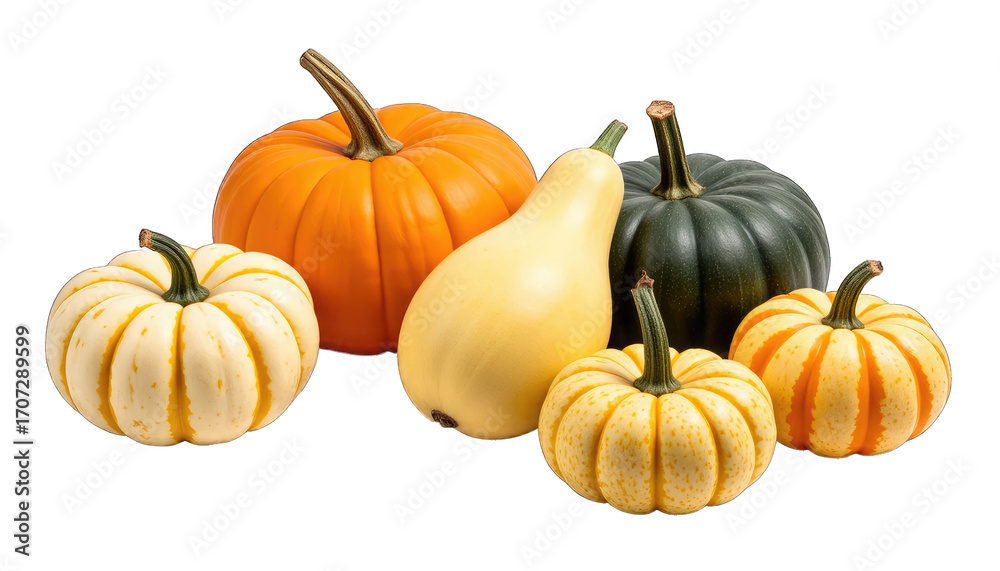 Fototapeta premium Six Assorted Pumpkins and Gourds on Black Background isolated on a transparent background