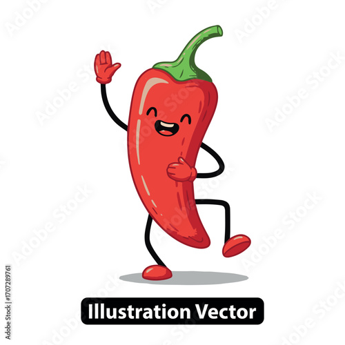 Cheerful chili pepper character dancing and smiling, a fun illustration for food and design