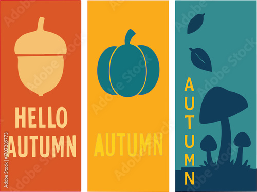 Autumn vector triptych with acorn, pumpkin, mushrooms, and leaves in warm seasonal colors perfect for fall-themed designs